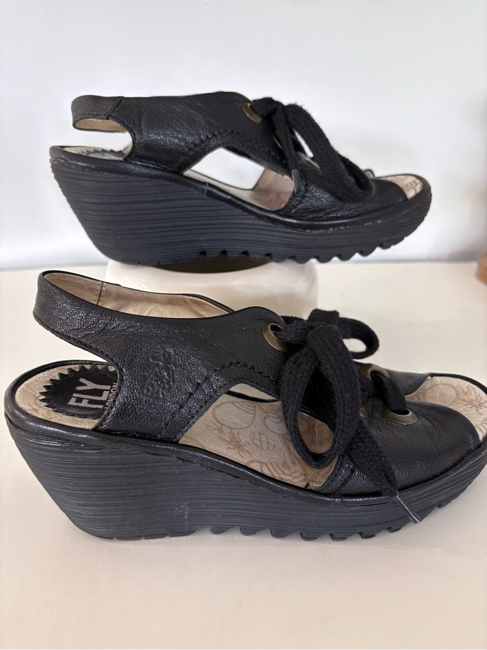 FLY LONDON YLVA Sandals Wedge Leather Black Lace Up EU 37 US Size 6.5/7 Open Toe